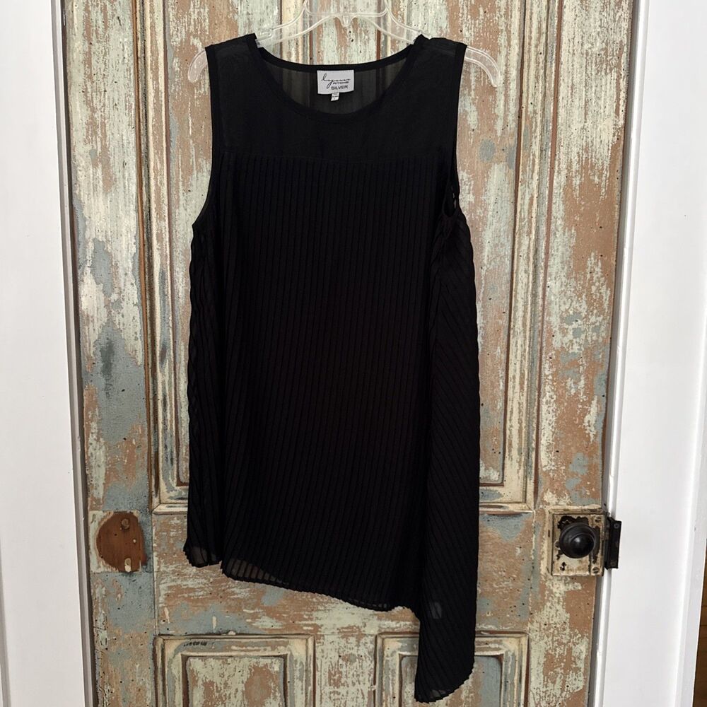 Lynn Ritchie Silver L Black Semi Sheer Pleated Asymmetrical Sleeveless Tunic
